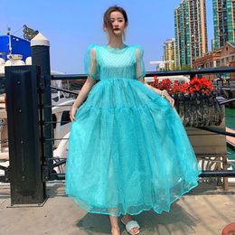 Summer Women's Solid Mesh O-Neck Short Puff Sleeve Elastic Waistline Slim Long Dress Party Ball Gown Dresses Vestidos 210514