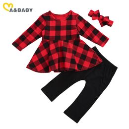 1-5Y Weihnachten Kleinkind Kleinkind Baby Kind Mädchen Kleidung Set Rot Plaid Tunika T-shirt Hosen Outfits Weihnachten Kostüme 210515