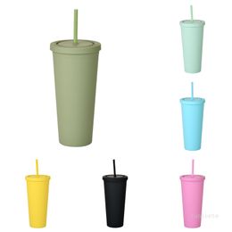 Double Plastic Tumblers Straw Cup 24oz Coffee Cup Reusable Solid Colour Frosted Cups 14 Colours T500674