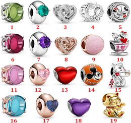 Genuine 925 Sterling Silver Fit Pandora Bracelet Charms New Cute Lucky Cat New Fixed Buckle Beads Love Heart Blue Crysta Charm For DIY Beads Charms