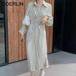 French Temperament High Waist Slim Criss-cross Shirt Dress Women Turn-Down Collar Single-Breasted Long Vestidos Mujer 210601