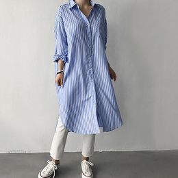 Vintage Stripe flower Summer Spring Dress Women Turn Down Collar Long Sleeve Loose Casual Office 893i 210420