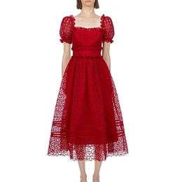 High Quality Women Red Lace Dress Polka Dot Short Puff Sleeve Square Neck Lady Party Fashion Summer Midi 210603