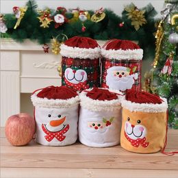 Christmas Plaid Drawstring Bag Snowman Santa Claus Storage Decoration Bags Flannelette Draw Rope Pouch for Receive Apples Bundle Mouth Gift Sack B7789