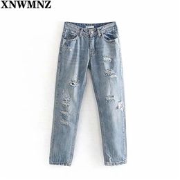 Women Chic Fashion Ripped Hole Side Pockets Jeans Vintage High Waist Zipper Fly Denim Female Ankle Trousers Mujer 210520