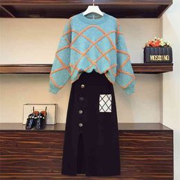 Plus Size Women's Autumn and Winter Wear Fat Sister Mm Slim Check Sweater Western Skirt Two-piece Suit HK121 210506