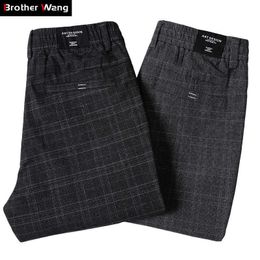 Men's Casual Plaid Pants Business Casual Slim Fit Dark Grey Classic Style Elastic Trousers Male Brand Clothes 210709