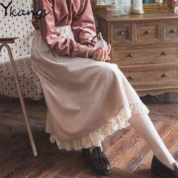 vintage elegant Autumn winter Pleated skirt women French Lace panel high waist long corduroy female students s 210421
