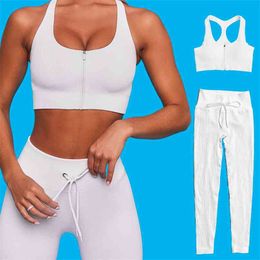 Zipper Workout Set Women Feamle Seamless 2 Two Piece Crop Top Bra Drawstring Shorts Sportsuit Yoga Outfit Suit Gym Wear Clothes 210802