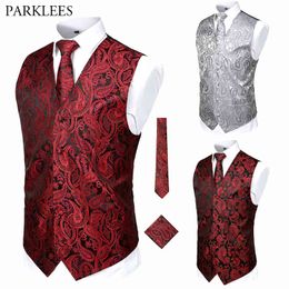 Wedding Men Vest Set (Vest+Necktie+Pocket) 3pcs Men Gilet Paisley Floral Waistcoat Men Party Casual Slim Fit Mens Suit Vests USA 210524