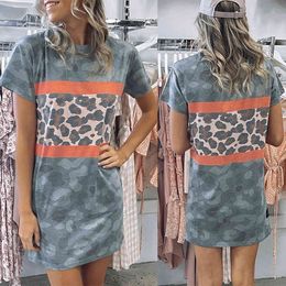 Casual Straight Mini Dress Women Leopard Camouflage Print Patchwork O Neck Short Sleeve Loose Tshirt Dress Lady Summer Long Tops 210507