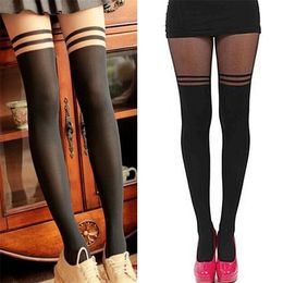 New Spring college Women Temptation Sheer Mock Suspender Tights Cat Pantyhose Stockings Over The Knee Double Stripe Sheer Tights X0521