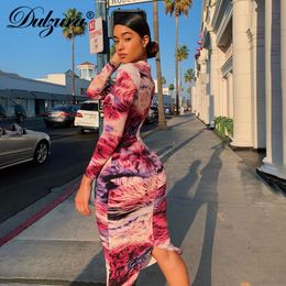 Dulzura tie dye print women midi dress long sleeve slit bodycon sexy elegant party 2019 autumn winter clothes streetwear dinner X0521