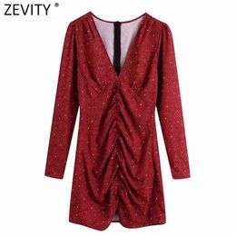 Women Sexy Deep V Neck Leopard Print Pleated Red Mini Dress Female Puff Sleeve Back Zipper Casual Slim Vestido DS4631 210420