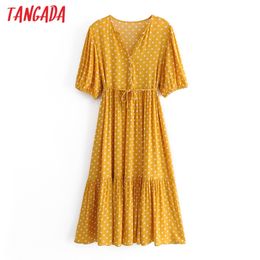 Fashion Women Yellow Dots Print Loose Summer Short Sleeve High Street Ladies Midi Dress QN69 210416