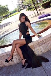 Sexy Black Halter Mermaid Prom Dresses Long Lace Sequins Beaded Backless Side Slit Evening Dress Formal Party Growns