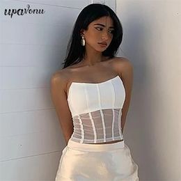 Free Sexy Summer Chest Wrap Bandage Crop Top Women's White Sleeveless Halter Mesh Patchwork Club Party 210524