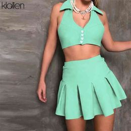 KLALIEN Women Summer Fashion Elegant Office Lady Slim Solid Bandage Top and Mini Skirt Two Piece Skirt Set Cute Sweet Suit 210730