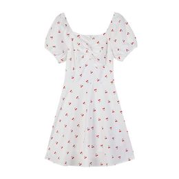 PERHAPS U Women Cherry Print White Slash Neck Short Sleeve A Line Mini Dress Summer Beach Female Puff Sleeve D1906 210529