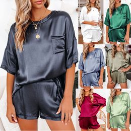 Summer Silk Pyjama Set Women Sexy Sleepwear Home Suit Satin Pyjamas Female Loose Lounge Wear Short Sleeve Top Shorts Sets Pjs X0526