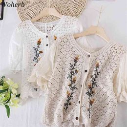 Sweet Flower Embroidery Cardigan Blouse Women Short Sleeve Single Breasted Ladies Hollow Out Vintage Coat Shirt 210519