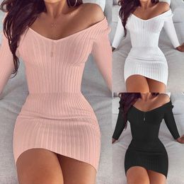 Sexy Bodycon Mini Dress Women Spring Autumn Off Shoulder V-Neck High Waist Long Sleeve Solid Color Slim Wrap Hips Pencil Dresses 210526