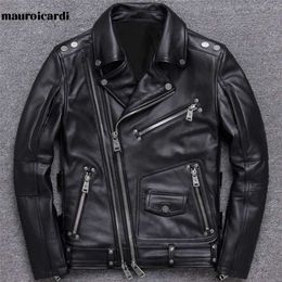 Mauroicardi Spring Black Leather Motorcycle Jacket for Men Style Long Sleeve Zipper Pockets Mens Leather Jackets and Coats 211008