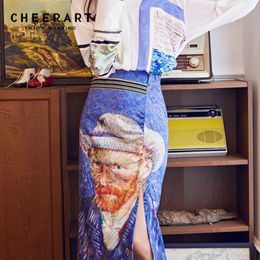 Designer Van Gogh Print Bodycon Long Skirt Women Vintage High Waist Midi Split Open Crotch Ladies s 210427