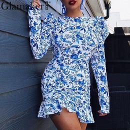 Glamaker Blue floral print porcelain dress Women winter elegant long sleeve mini dress Party club ruffle female autumn dress 210412