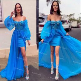 Sexy High Low Blue Evening Dresses Front Short Back Prom Dress With Overskirt Train 2021 Long Sleeve Formal Party Gown Vestidos Fiesta Robes De Cocktail