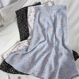 Vintage Floral Print Chiffon Long Skirts for Women Elastic High Waist Summer Blue Green White Black Boho Skirt 210529