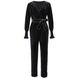 Black V Neck Full Sleeve Velour Velvet Sash Jumpsuits Elegant Sexy Party Long Fall Autumn Women J0028 210514