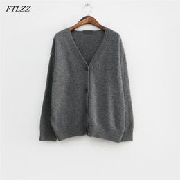 V Neck Knitted Cardigan Sweater Women Simple Solid Thick Button Clothing Stylish Tops for Female Autumn Winter 210430