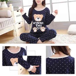 Women Long Sleeve Bear Print Tops And Pants Wave Point Pyjamas Set Sleepwear 210809
