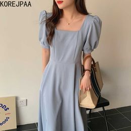 Korejpaa Women Dress Summer Korea Chic French Elegant Temperament Collar Waist Slim Long Bubble Sleeve Dresses 210526