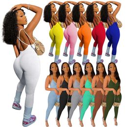 Women Designers Clothes 2022 women's spring and summer new rib suspender backless Jumpsuit v-neck blue