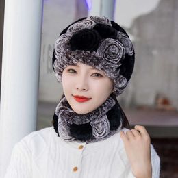 Women Winter Knitted Beanie Hat Real Fur and Scarf Set Natural Skullies Beanies Woman Female Cap Elastic Rex Rabbit