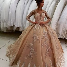 Champagne Ball Gown Wedding Dresses Lace Applique Glitter Bridal Gowns Sheer Long Sleeve Lace up vestido de novia