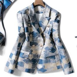 Brand Unique Designing Runway Women Notched Double Breasted Plaid Graffiti Printing Autumn Casual Blazer Jacket 211112