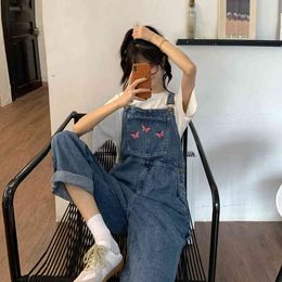 S-XL,2X,3XL,4XL korean style oversize Jumpsuit Denim Overalls Casual Girls butterfly embroidery plus size Jeans pants womens 210423