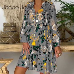 Women Spring Long Sleeve V Neck Loose Dress Boho Floral Print Chiffon Dress Casaul Ruffles Mini Party Dress Beach Wear 210619