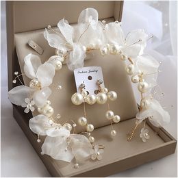 wedding Bride Headdress Hair Bands Immortal Beaded Flower Girls Ornament Pearl earring Hair Accessories set