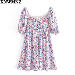 Sexy Lace Trim Print Floral Dress Women Puff Sleeve A Line Mini Holiday Party Dresses Female Summer Chic Vestidos 210520