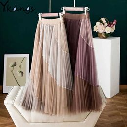 Mesh Printed Pleated Skirt Womens Empire Bohemia Long Brown Rainbow Skirt Korean Office Ladies Elastic High Waist Skirt 210619
