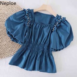 Neploe Cropped Tops Puff Sleeve Blouses for Women Pearl Blusas Mujer De Moda Square Collar Tunic Shirts Ruffles Pleated Blouse 210422