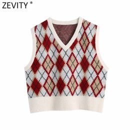 Women Vintage Rhombic Pattern Knitting Sweater Female Sleeveless Casual Slim Vest Chic Brand Pullovers Tops S607 210416