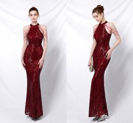 Sparkly Mermaid Evening Dresses 2022 Tassel Sequins Beaded High Neck Fishtail in Stock Prom Party Dress Wear