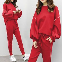 2 Two Piece Set Black Red Sport Suit Round Neck Crop Top Sweat Pants Women 2020 Spring Antumn Matching Sets Clothing Outfit F80 X0428