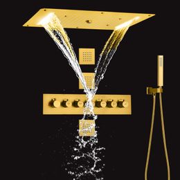 Brushed Gold Thermostatic Shower Faucet 70x38 Cm LED Bathroom Waterfall Rainfall Atomizing Bubble Shower System