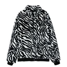 Women White Black Faux Fur Jacket Outwear Zipper Warm Thick Zebra C0462 210514